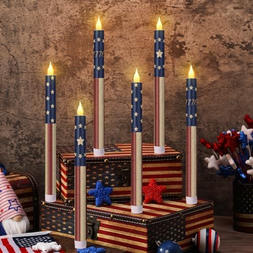 Honoson 6 Pcs 4th of July Flameless Taper Candles Patriotic 10.6 Inch by Honoson