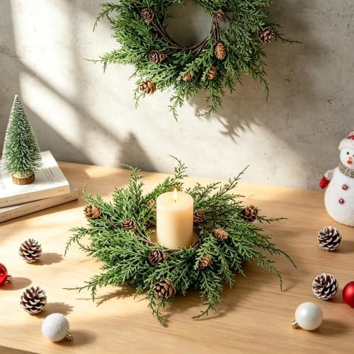 4 PCS Christmas Candle Rings Wreaths Mini Cedar Pine Candle Holder Rings - Image 2