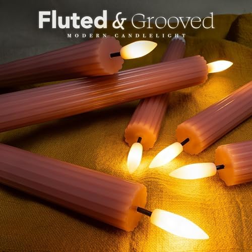 6 Pack, 10" LED Flameless Real Wax Dusty Rose Fluted Ribbed Grooved Taper Candles, Remote & 24h Timer Memory, On/Off Button, Dimmable, Flicker Mode, Battery Operated, Wedding - Image 2