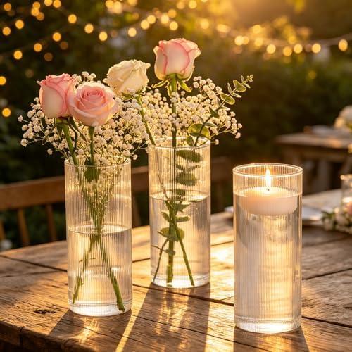 8 Inch Clear Glass Ribbed Cylinder Vases for Centerpieces, Pack of 3 - Image 4
