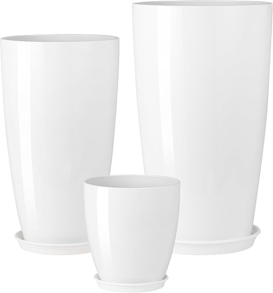 24-21-11 Inch Tall Planters Set of 3, Indoor Outdoor White Round Planter with Drainage Hole and Saucer, Large Decorative Plant Pots for Home Garden Porch (White)