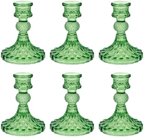 Green Glass Candlestick Holders, Taper Candle Holders, Set of 6 by ECHFSM
