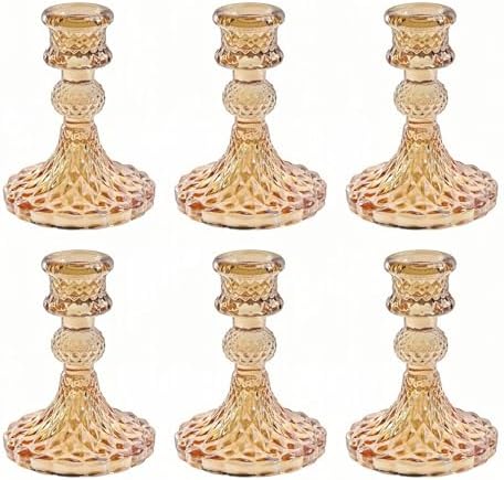 Amber Glass Candlestick Holders, Taper Candle Holders, Set of 6 by ECHFSM