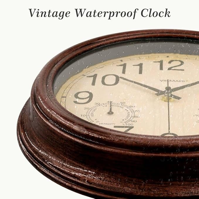 VIKMARI Indoor Outdoor Sealed Glass Clock Waterproof Silent Classic Quartz Clocks Thermometer and Hygrometer Combo Battery Operated Wall Clocks for Bathroom Patio Pool Wall Decor (12 Inch,Brown)