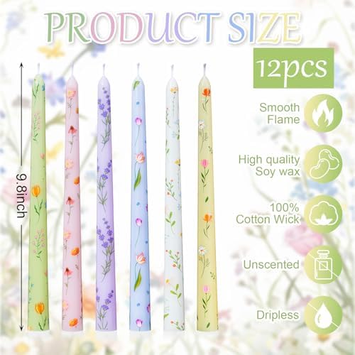 Conelist 12pcs Pastel Floral Taper Candles 9.8" Flower Tapered Candlestick - Image 2