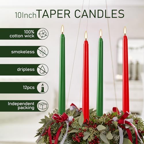 12-Pack 10-Inch Green & Red Christmas Taper Candles - Perfect for Holiday Decorations and Parties - Image 5