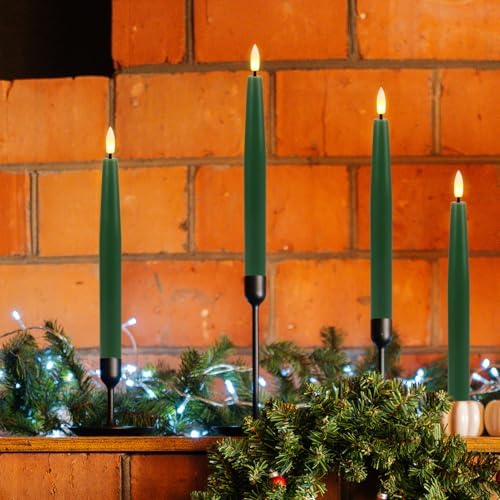 GenSwin Flameless Taper Candles with Remote Timer, Real Wax LED Flickering Candlesticks Battery Operated 3D Wick for Wedding, Party, Home(Christmas Green, 9.84", Set of 3) - Image 4