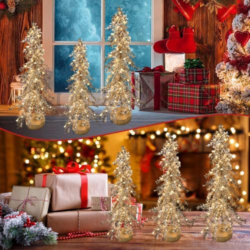3 Pcs Mini Christmas Tree with Lights, Artificial Bottle Brush Trees with Wooden Bases Christmas Table Decor Small Trees with LED Light String for Decorations，Yellow - Image 5