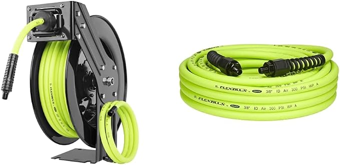 Flexzilla Open Face Retractable Air Hose Reel, 3/8 in. x 50 ft., Heavy Duty, Lightweight, Hybrid, ZillaGreen - L8611FZ & Pro Air Hose, 3/8 in. x 50 ft, Heavy Duty, Lightweight, Hybrid, ZillaGreen