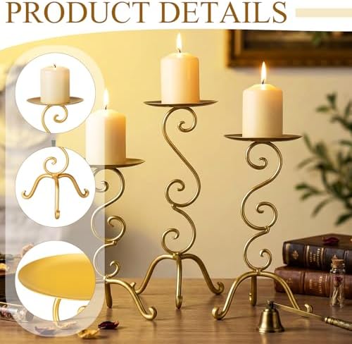 3 Pcs Gold Iron Candlestick Holders 11.8,9.8,6.3 Inch, Antique - Image 3