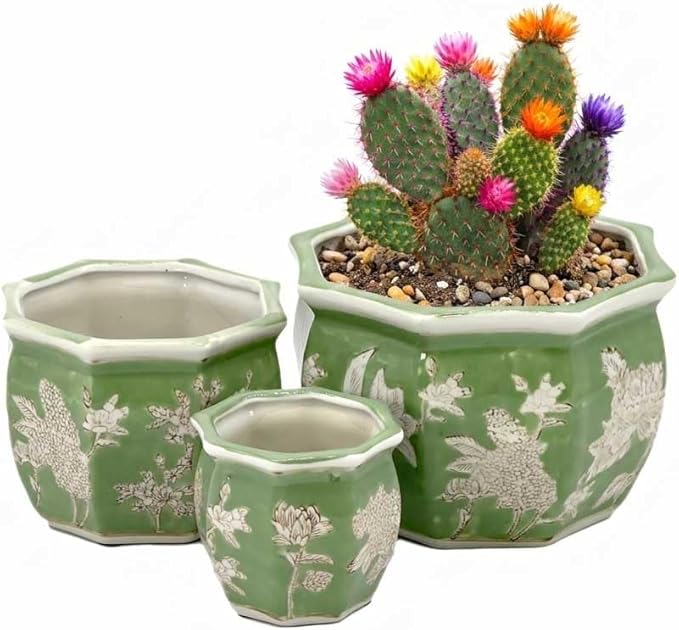 Galt International Green & White Floral Porcelain Ceramic Decorative Flower Pot 8"/6"/4.5" Garden Pots Chinese Asian Design - Set of 3 Green Fluted