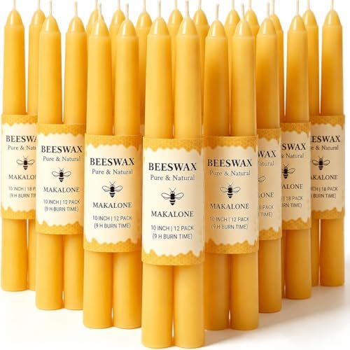100% Natural Beeswax Candles,Dripless Taper Candle Sticks,10 Inch,12Pack by MAKALONE