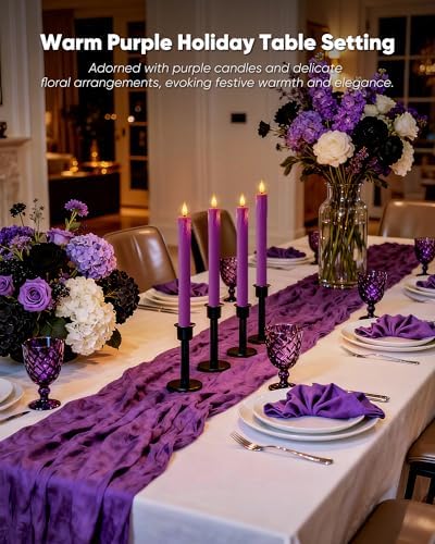 Homemory 6 Pcs Real Wax Purple Flameless Taper Candles with Remote Timer, 9.6 Inches LED Fake Candlesticks, LED Candle with 3D Flickering Flame for Romantic Wedding, Dinner, Xmas Anniversary Decor - Image 3