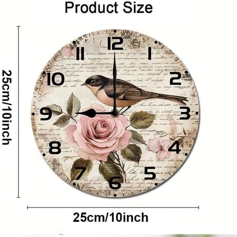 Love Birds Roses Flowers Wooden Silent Non-Ticking 10 Inch Round Clocks Battery Operated Analog for Living Room Kitchen Bedroom Bathroom Office Home School Decor