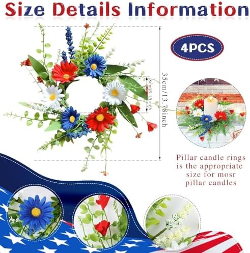 4 PCS Patriotic American Candle Rings Wreaths Artificial 4th of July Floral Candle Rings Holder with Daisy Flowers Mini July Independence Day Wreath for Party Home Table Centerpiece Decor - Image 3