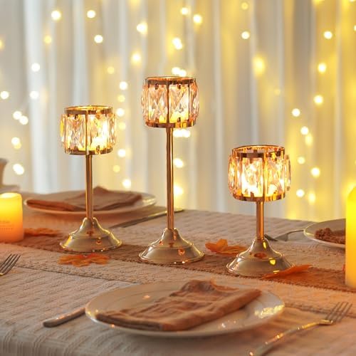 Set of 3 Metal Crystal Candle Holders, 11/9/7 Inch Elegant Tealight Candelabra Centerpiece for Wedding Table Decor, Tiered Home Party Decoration (12, Gold-11+9"+7") - Image 4