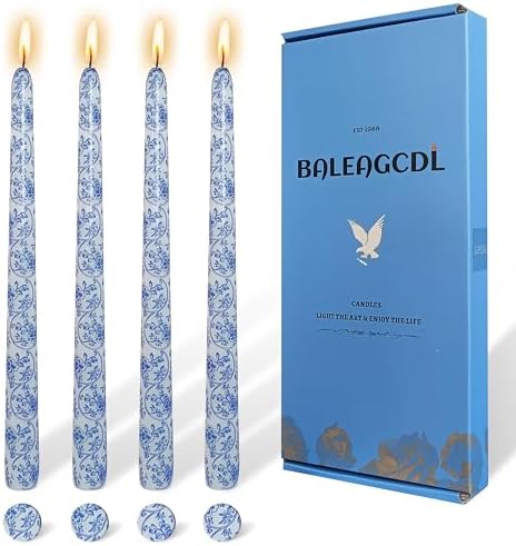 Blue Floral Long Taper Candles - 10 Inch Unscented and Smokeless Flower Printed Candle for Wedding, Dining & Holiday Table Centerpiece Set of 4 by YUKCAXDLS