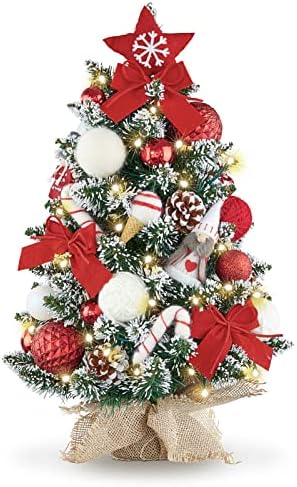 WBHome 1.8 Feet Pre-lit & Pre-Decorated Tabletop Christmas Tree, Red White Ornament Decorations with Pine Cones, Snow Flocked Mini Christmas Tree with Lights, 35 Bulbs (1.8FT) by WBHome