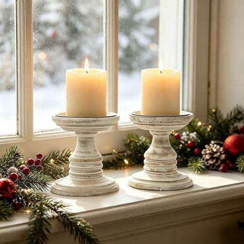 Hosley White 5 Inch High Wooden Pillar Candle Holder Country Style. Ideal Gift for Wedding Party Home Spa Reiki Aromatherapy LED Votive Candle Gardens W1 - Image 3