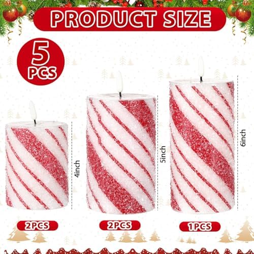 Lonfliness 5 Pcs Christmas Stripe Flameless LED Candles 6 Inch Christmas Candy Cane Candles with Sea Salt Granules Battery Operated Flickering Candlestick for Xmas Holiday Party Wedding Decor - Image 2