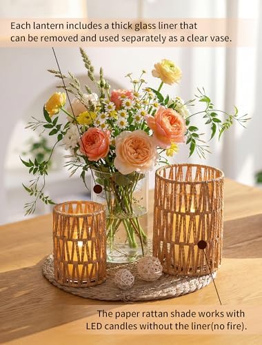 NUPTIO Boho Lanterns, Set of 2 Rattan Pillar Candle Holders with Glass - Image 3