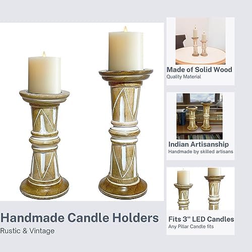 Perilla Home Wooden Pillar Candle Holders Set of 2 - Home Decor Candle Holder Centerpiece - for, Taper Candles, Dining Table Candle Holder Halloween, Home Decor, Candlesticks - Rustic Light Brown - Image 3