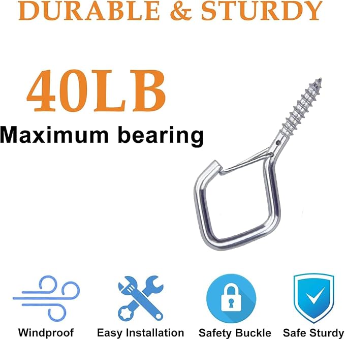 52-Pack Heavy-Duty Silver Screw Eye Hooks with Safety Clips | Metal Ceiling Hooks for Hanging Plants, Wind Chimes, Bird Feeders & Indoor/Outdoor Lights