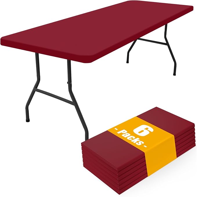 Smiry 6 Pack Rectangle Picnic Table Cloth, Waterproof Elastic Fitted Tablecloths, Washable Polyester Rectangular Patio Table Cover for Camping, Indoor and Outdoor (Wine Red, 30"x48")