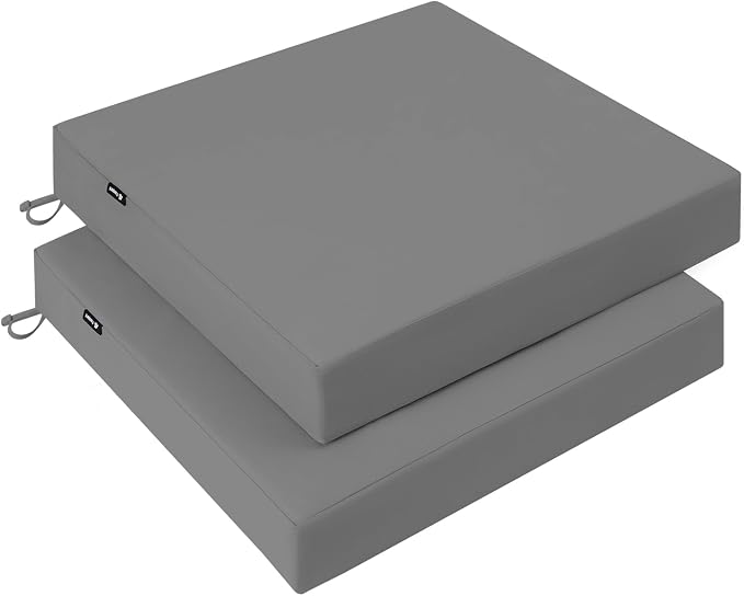 Favoyard Patio Chair Square Cushions Set of 2, Grey, 24 x 24 x 4 inches | 5-Year Fade-resistant & Water-resistant Memory Foam Pad with Removable Cover & Ties for Outdoor Furniture Dining Chairs Seat