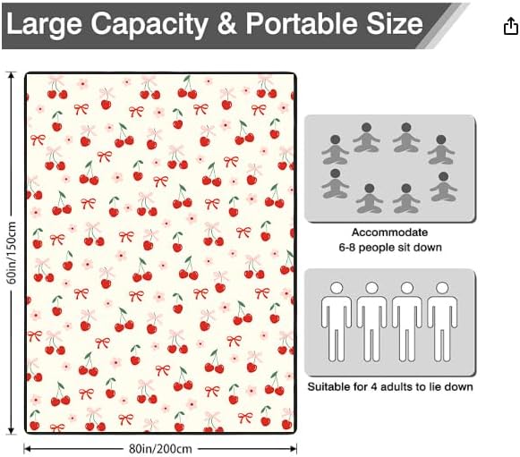 Cherry Picnic Blankets Waterproof Foldable,60’‘x80'' Portable Dual Layers Outdoor Travel Camping Backpacking Hiking Beach Blanket Mat for Grass Padded Lawn Park Beach,Cherry Picnic Accessories