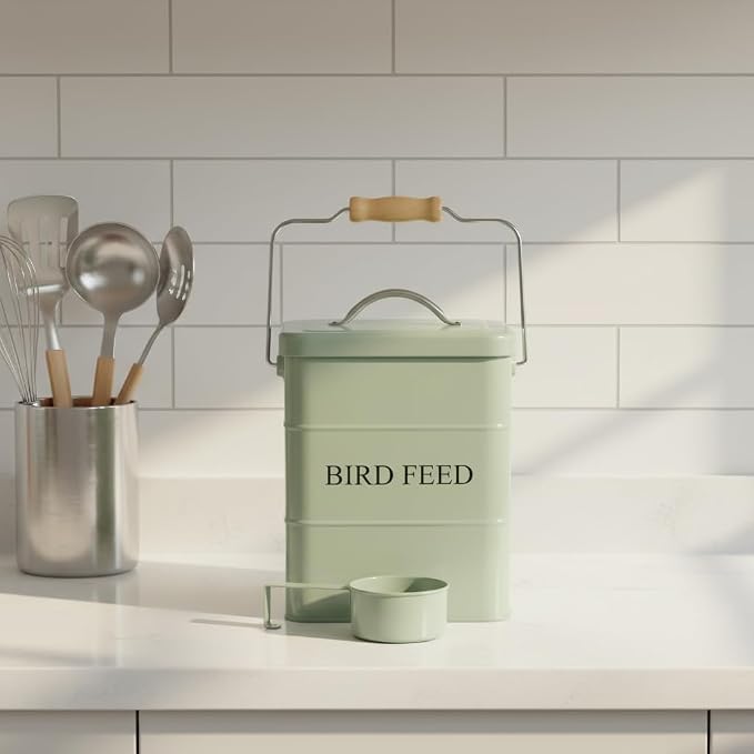 Morezi Bird seed and feed storage tin with lid Included Green-coated Metal Tight Fitting Lids - storage canister tins