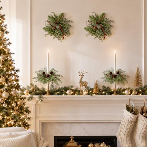 4 PCS 1.38" Mini Christmas Pine Taper Candle Rings Holder Wreaths - Image 5