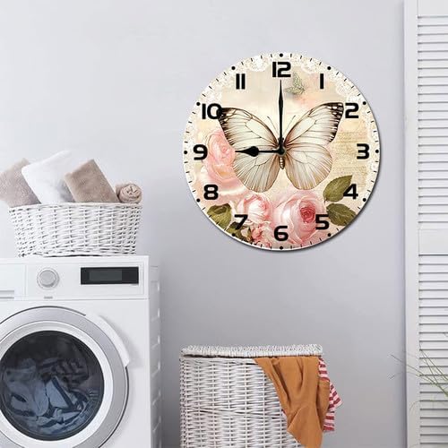 Butterfly Rose Flower Wooden Silent Non-Ticking 10 Inch Round Clocks Battery Operated Analog for Living Room Kitchen Bedroom Bathroom Office Home School Decor