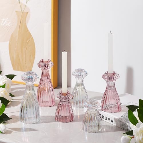 Lysenn Glass Candlestick Holders, Taper Candle Holders Set of 3, Pink - Image 4