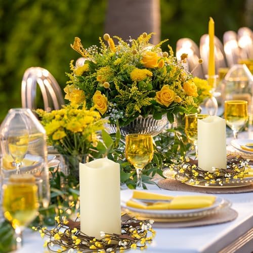 Daifunli 2 Pcs Summer Country Primitive Yellow Pip Berry with Rusty Tin Stars Candle Ring Vintage Pip Berries Wreaths for Pillar 3.9 Inch Candles Holder for Summer Rustic Table Centerpiece Decor - Image 5