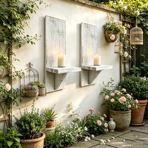 2 Pcs Distressed White Farmhouse Wall Candle Sconces, Rustic Vintage Wooden Wall Mount Candle Holders, Rustic Wall Decor Shelves for Living Room Bedroom Bathroom - Image 5