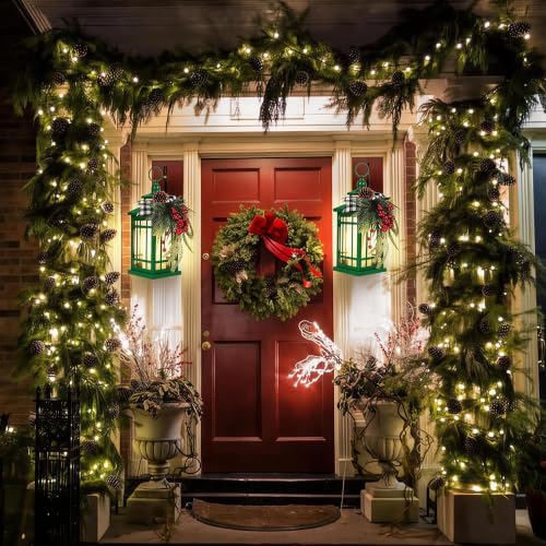 WOKEISE Metal Christmas Vintage Candle Lanterns, Plaid Ribbon Decorative Hanging Lantern for Indoor Outdoor Xmas Porch Decorations Party Gift, Green - Image 3