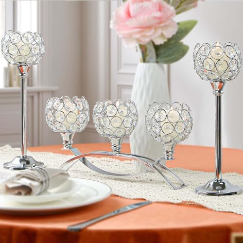 Crystal Tealight Candle Holder Centerpiece Home Decorative Candlestick Holder Elegant Table Centerpiece Home Decor Wedding Party Anniversary (Silver, Set of 3) - Image 2