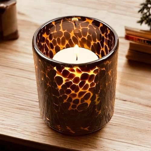 Hapton House Tortoise Shell Glass Candle Holder - Votive and Tealight Candle Holder - Leopard Print - Cheetah Print - Animal Print - Tortoiseshell - Candle Jar - Wedding - Holiday Decor - Medium - Image 2