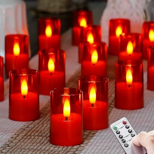 Flameless D: 1.7" H: 2.5" Small Tea Light LED Candles, Acrylic Battery Operated Votive with Remote Control and Timer, Tealight Red Flickering Warm Light Pack of 15 Electric Long Lasting by Zevanor