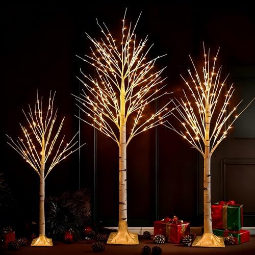 Set of 3 Lighted Birch Tree, 4FT 6FT 8FT White Artificial Christmas Tree with Total 456 LED Light, Prelit Waterproof Christmas Decoration for Indoor Outdoor Thanksgiving Wedding Holiday by TWSHINE