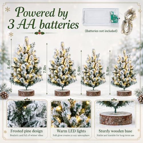 Set of 4 Pre-lit Snow Flocked Mini Christmas Trees for Table - Image 2