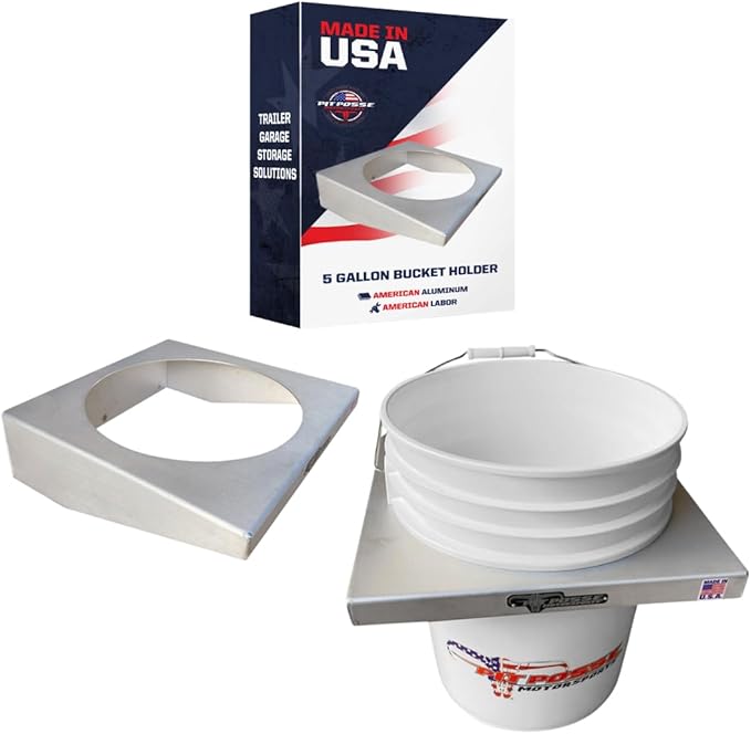Pit Posse PP3352 5 Gallon Bucket Holder Rack Stand - Made in USA - Bucket Storage Mount for Garage, Enclosed Race Trailer, Automotive Work Shop, Snowmobile - Fits Yeti or Standard 5 Gal Buckets