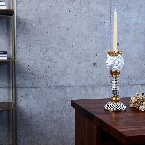 Checkered Animal Candle Holders, Resin Black White Checkered Tiger Head Candlestick Holders, Cute Black-and-White Pillar Candle Stand Home Decorations (Lion) - Image 4