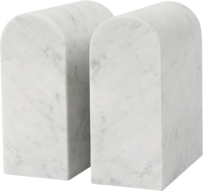 Marble Bookends for Shelves, Decorative Book Ends, 13lbs Heavy-Duty Marble Book Holders, Stone Bookshelf Decor, Carrara White