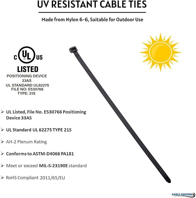 Kable Kontrol Cable Zip Ties 1000 Pcs 8 Inch Black, 50 Lbs Tensile Strength, Self-locking UV Resistant Plastic Nylon Wire Ties, for Indoor or Outdoor Use