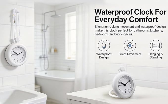 Waterproof Shower Clock, 4.72 in Analog Quartz Bathroom Clock with Silent Movement, Hanging or Standing, ABS Plastic, Requires 1 AA Battery, Not Included, White