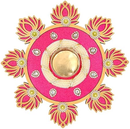 Aditri Creation Decorative MDF Lotus Rangoli with T-Light Candle Holder Stand for Indian Festival New Year Decorations Xmas Made up of Golden Embrodaries for Gifting Idea Home Decor(Size:- 8")(Pink) by AditriCreation
