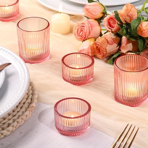 NITIME 20pcs Assorted Ribbed Pink Votive Candle Holders, Tealight Candle Holder for Valentine's Day, Pink Candle Holders for Wedding Table Decor, Mother' s Day, Bridal Shower and Party Decorations - Image 3