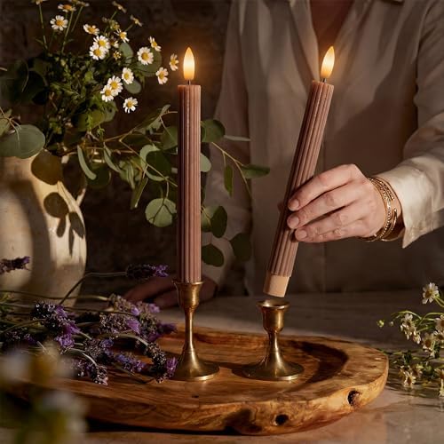 12 Pack, 10" LED Flameless Brown Tan Fluted Ribbed Grooved Taper Candles w/ 2 Remotes & 24h Timer Memory, On/Off Button, Dimmable, Flicker Mode, Battery Operated, Christmas Menorah Wedding - Image 2